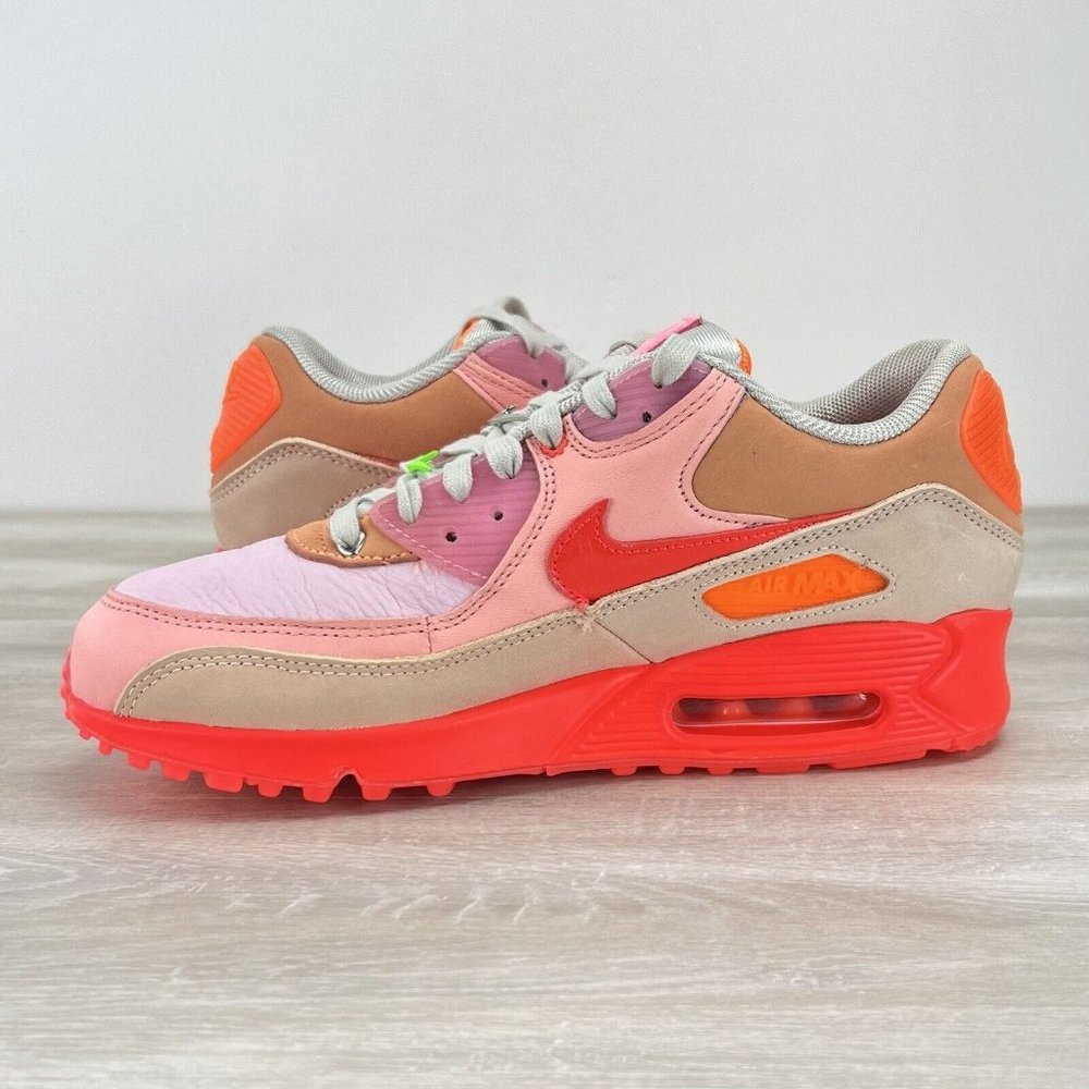 Nike Women's Air Max 90 Pink Hot Coral and Tan Sneakers - Picture 8 of 11